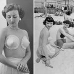 "Models wearing the new Poses, strapless, backless, wireless bras adhesively gummed to hold the cup on at Jones Beach."